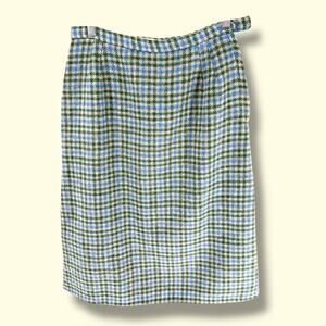 Austin Hill Vintage Wool Houndstooth Pencil Skirt Blue Green Preppy Career